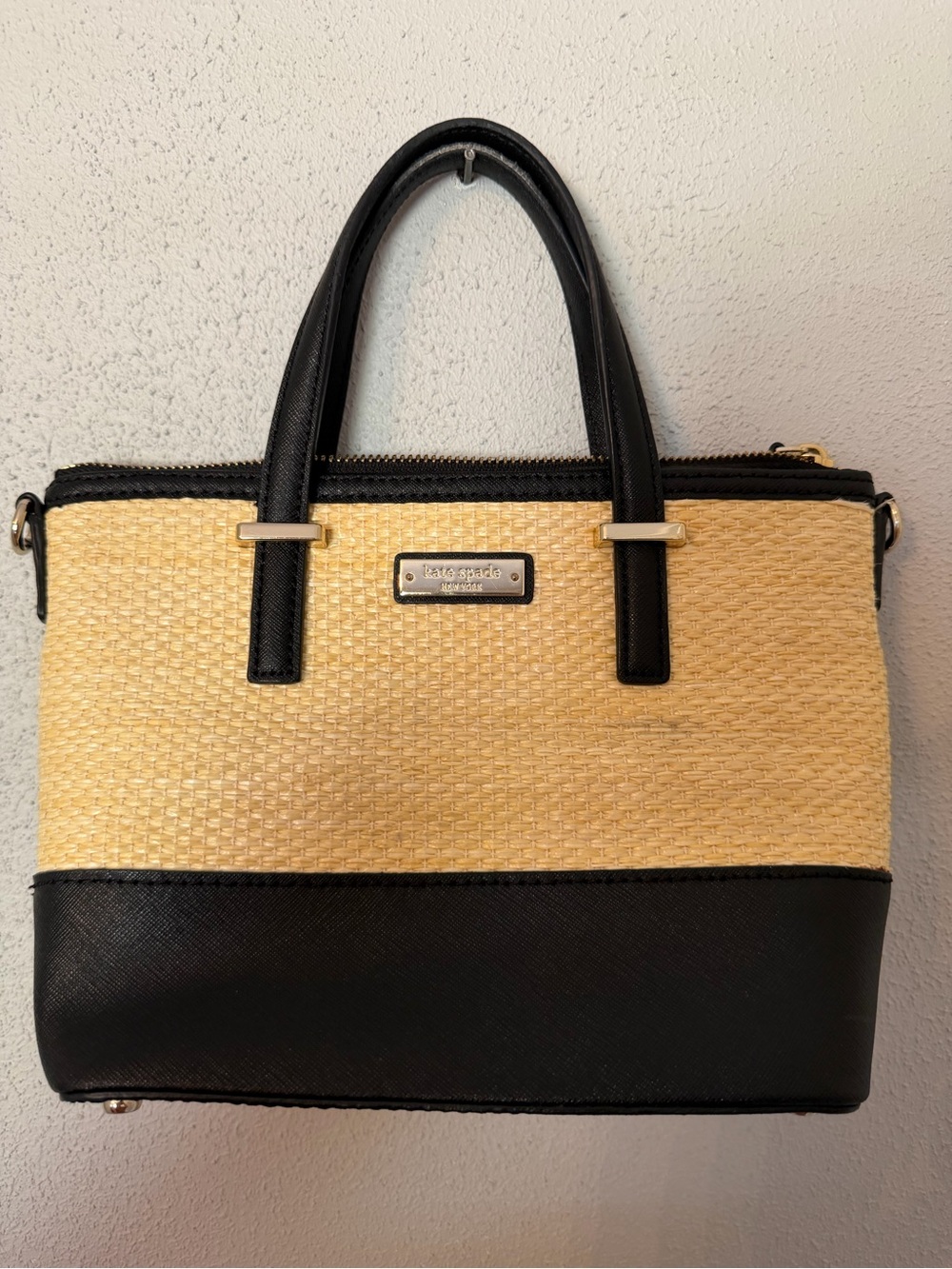 kate spade Small Two-Tone Straw Satchel in Rattan and Leather